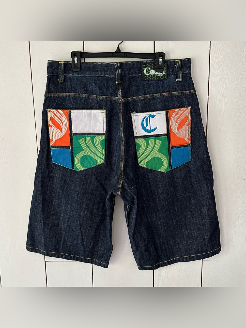 Vintage Coogi Denim Shorts Size 38 Dark Blue Multicolor Embroidered Pockets